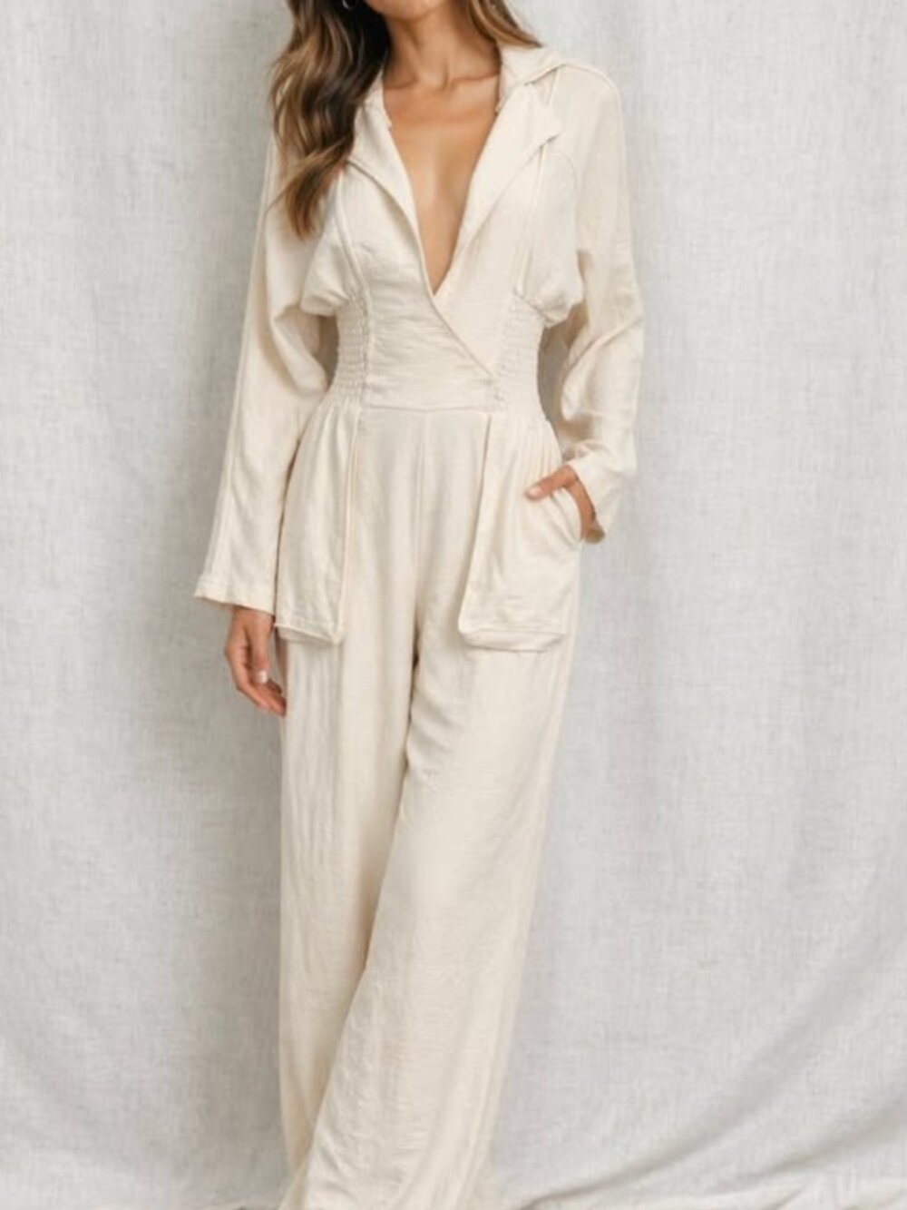 Free People Beach Blair Jumpsuit Smocked Waist Pockets Relaxed Fit Boho Beach